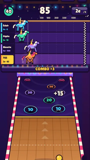 Le Grand Derby : course de chevaux en direct, une piste de skee-ball en bas