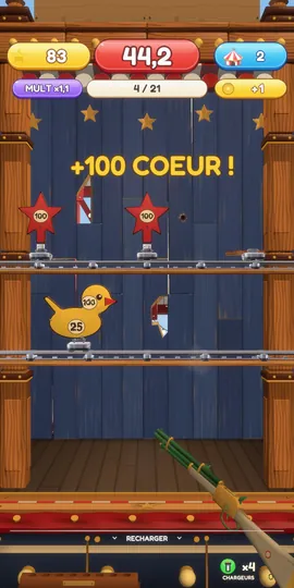 Univers Foire : canards et étoiles sur les étagères, un « +100 cœur » au tir