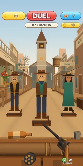 Bullet Smash, univers Western : duel dans la rue principale, des bandits parmi les passants