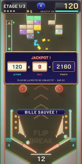 Flipbreak : jackpot, 120 jetons × 9 de mult = 2 160 points